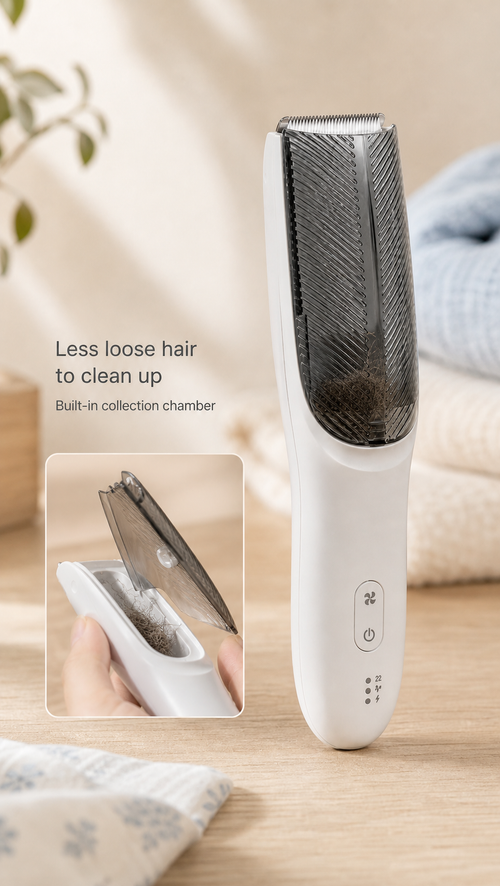 CW003 built-in chamber holding loose hair with an inset showing how it opens