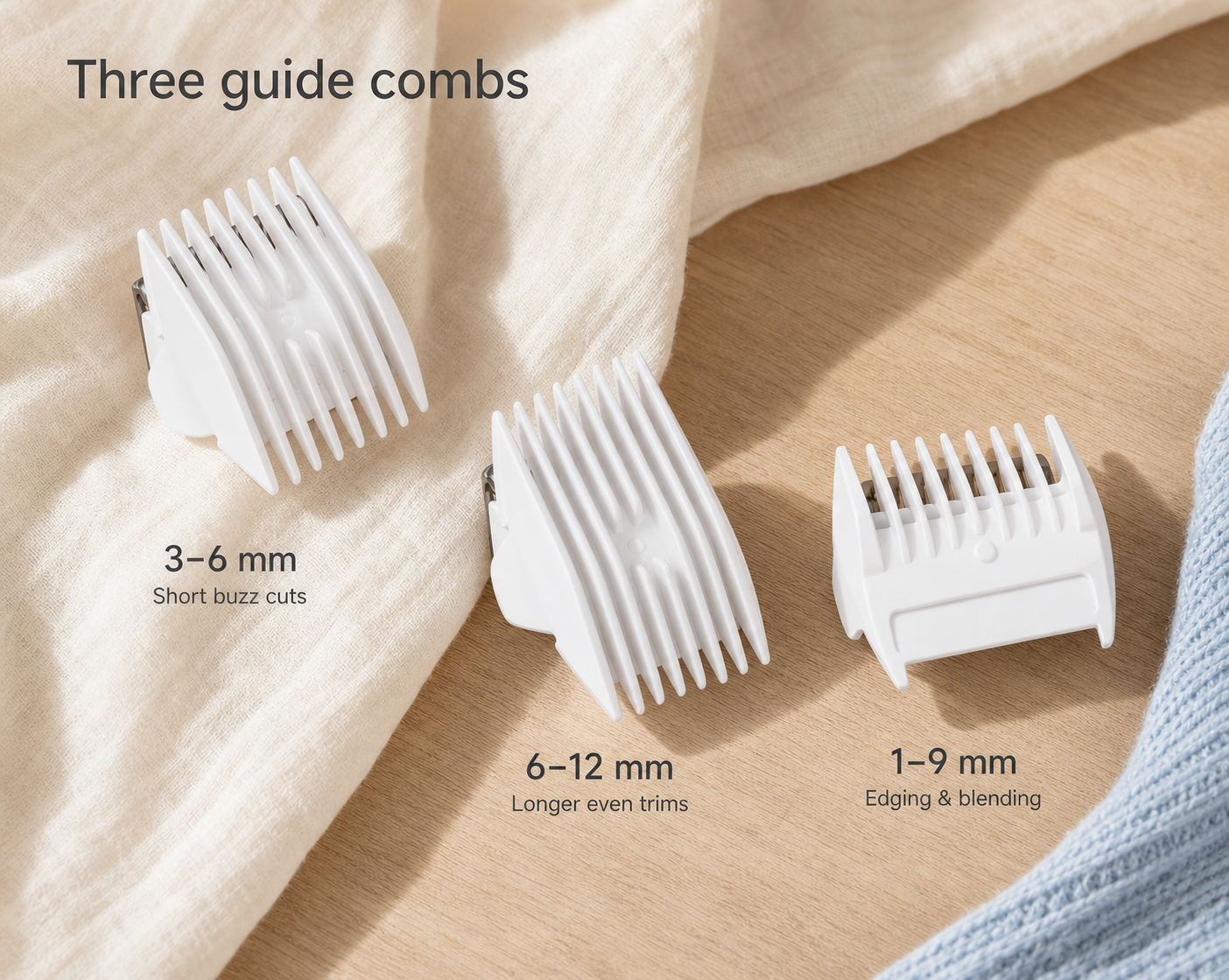 Three CW003 guide combs: 3–6 mm short buzz cuts, 6–12 mm longer even trims, and 1–9 mm edging and blending