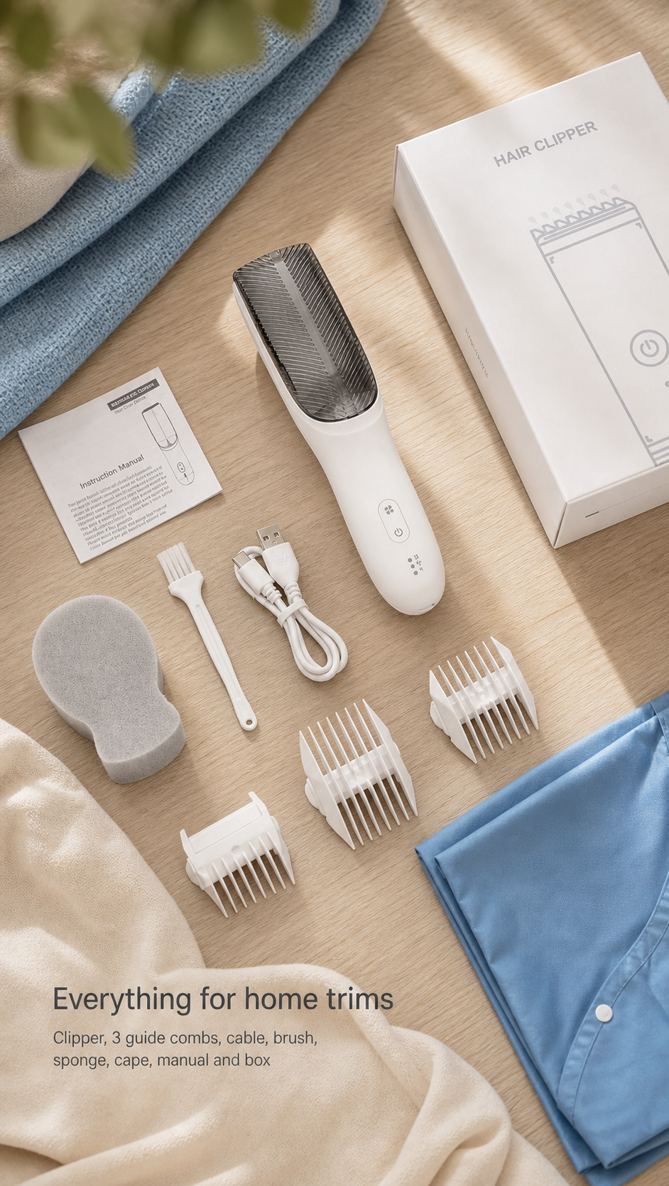 CW003 clipper with three guide combs, cable, brush, sponge, cape, manual and box